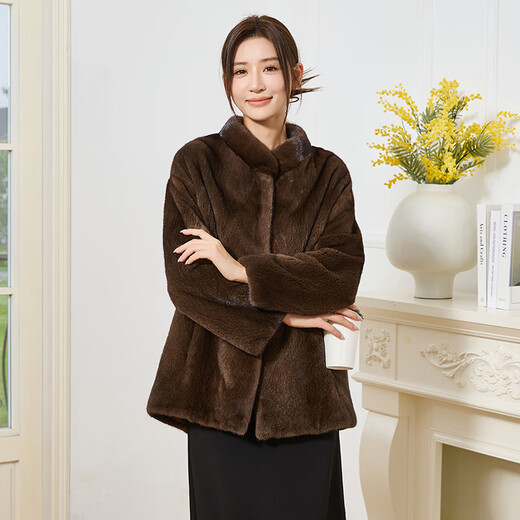 
DONGTIANJIA2025 new imported mink coat for women, whole mink medium-length stand-up collar mink fur fur coat for women, shoulders, brown M 100Jin [Jin equals 0.5 kg] or less