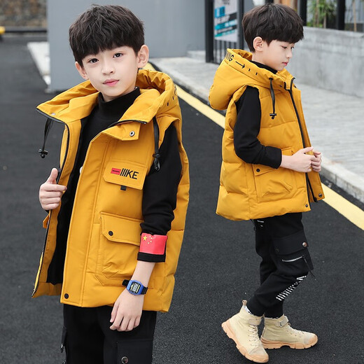 Omi Mouse children's clothing boys' vest winter medium and large children's vest boys vest thickened quilted hooded cardigan coat clothes yellow 140
