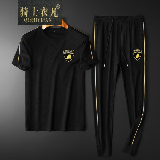 Knight Yifan brand T-shirt men's 2021 summer new fashion European station trendy brand high-end embroidery men's slim casual versatile round neck short-sleeved T-shirt two-piece sports suit black M