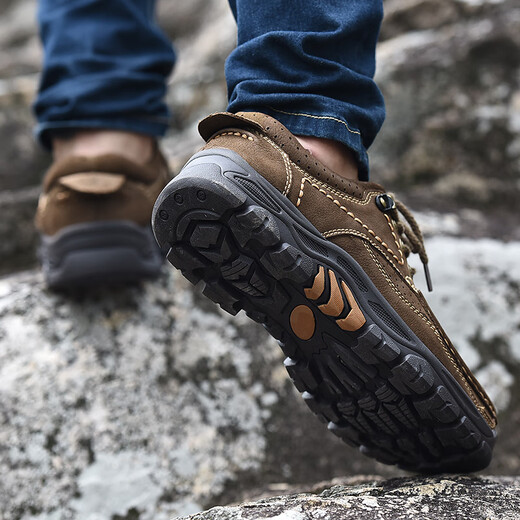 Xingxian Lu-Männerschuhe weiche und komfortable handgefertigte Freizeitschuhe Hartschuhe-resistente atmungsaktive Kuhlädenschuhe Herren Wanderschuhe im Freien im Freien 6198 Khaki 44