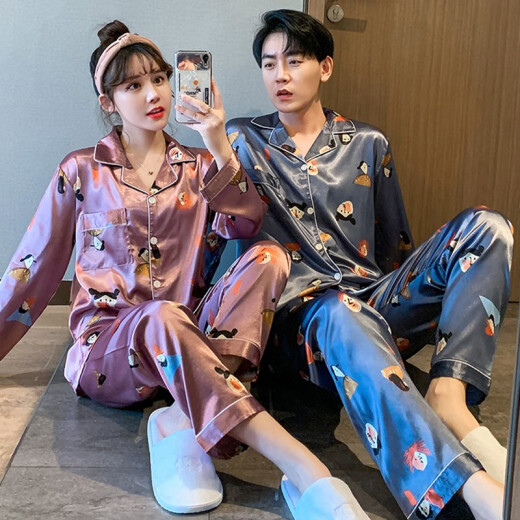 Lisaft Couple Pajamas for Women Spring and Autumn Simulated Silk Ice Silk Pajamas for Women Sexy and Sweet Printed Wearable Pajamas for Men Summer Long-Sleeved Pants Two-piece Set Home Clothes for Women 5201 Women's Purple Women's M