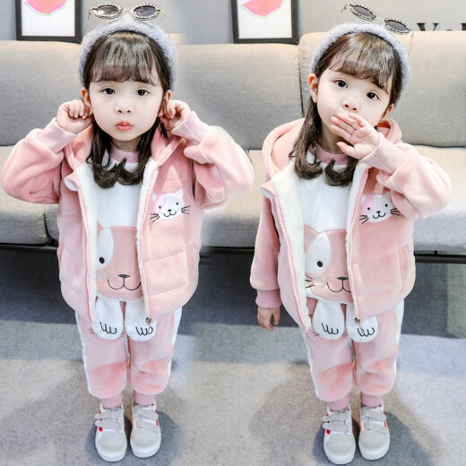 Punctuation Bear Korean Style Western Style Children's Sweater Three-piece Set Plus Velvet Thickened Baby Sports Suit Baby Casual Clothes Girls Jacket Boys Cardigan Hooded Outing Clothes Children's Clothes Spring Autumn Winter Small Cat Pink 110 Size Recommended Height 95-105cm