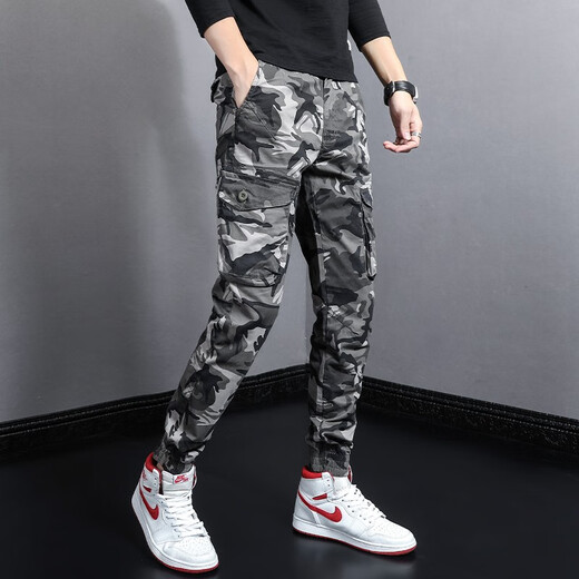 Gekochte Cui (Shucui) Frühlings- und Sommer-Herren-Freizeithosen koreanische Art Trendy Marke Slim-Fit-Hosen Persönlichkeit Vielseitige Mode elastische Taille Multi-Tocket-Arbeitshose Herren trendige Tarnhosen WJL-691C Grau Camouflage Größe 28 (Waist Cirps 1 Foot 1)