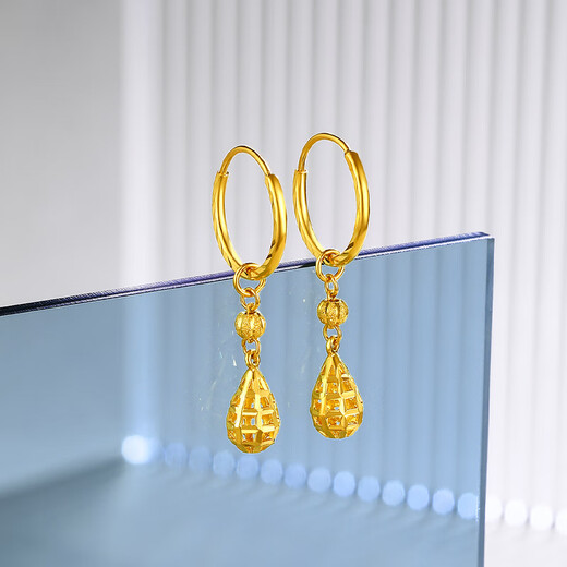 Saturday Fu 5G craft gold earrings for women Acacia water drop ball gold earrings price A099598 one pair about 2.59g