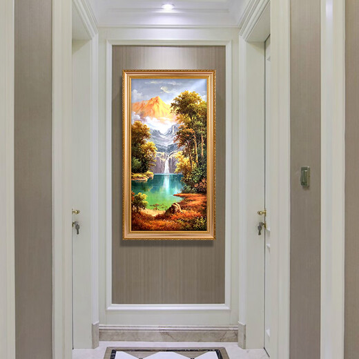 帝旗 手绘山水油画聚宝盆金山装饰画欧式玄关装饰画走廊过道挂画风景 692金实木框 90X180