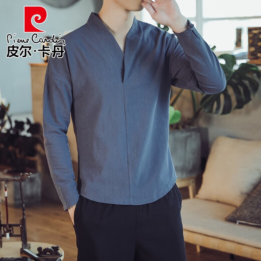 皮尔卡丹（pierre cardin）轻奢中国风男装秋季亚麻长袖t恤男士打底衫复古风汉服唐装棉麻上 7029(易打理)黑色 长袖 XL(轻商务)(易打理)