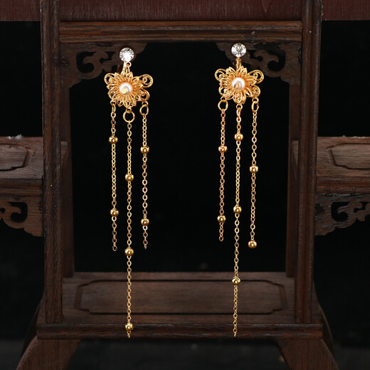 Xiuhe tiara bride Chinese style ancient costume temperament golden tassel step rocking phoenix crown Xiuhe clothing ancient style jewelry women's hair accessories D144 set (ear clip)