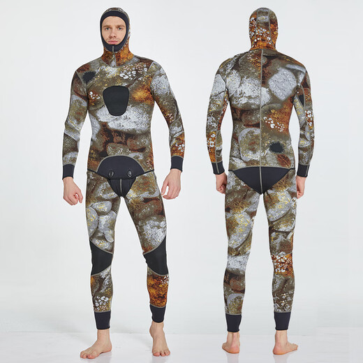 SBART 3MM rubber wetsuit split surf suit men's warm winter swimming long-sleeved one-piece swimsuit thickened jellyfish suit 1047 camouflage with hood XL