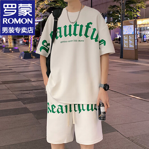 
ROMON ice silk short-sleeved T-shirt men's suit 2024 summer short-sleeved men's half-sleeved casual base shirt summer shorts men's suit FKS653 white suit XL about 130-150Jin [Jin equals 0.5 kg]