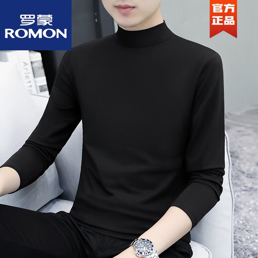 ROMON cotton autumn and winter half turtleneck bottoming shirt men's slim fit inner long-sleeved T-shirt mid-collar men's autumn coat outer wear YPT192 black half turtleneck L recommended 115-130Jin Jin equals 0.5 kg