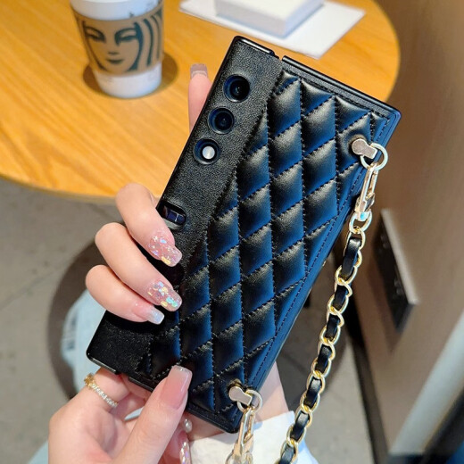 羽唐 荣耀V Purse钱包折叠屏手机壳斜挎背包链条荣耀vpurse高级感菱格小香风保护套全包防摔 黑色+斜挎背包链 荣耀V Purse