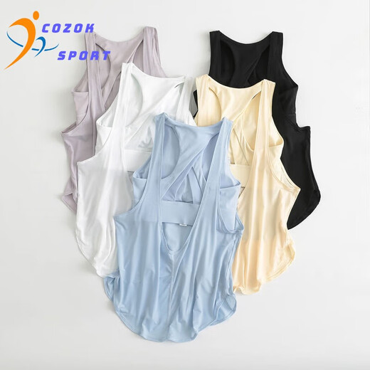 COZOK versatile yoga suit vest for women with chest pad two-in-one shockproof underwear fitness clothes loose back sports blouse salt water blue L _Suggested 105-115Jin[Jin equals 0.5 kg]