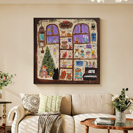 Rock Doll Shop Healing Porch Bedroom Decorative Painting Niche Cute Cat Cartoon Abstract Living Room Dining Hanging Painting High Definition Giclee Decorative Painting (Cotton and Linen Canvas) 50*50CM High Modern Black (Titanium Aluminum Metal Brushed Frame)