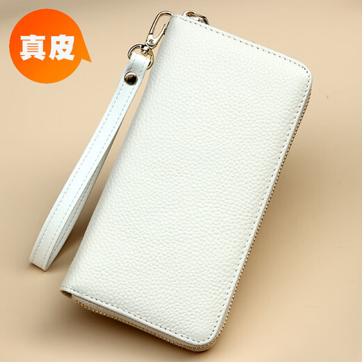 SHARELOVE真皮女士钱包长款拉链手包招财黄色简约品牌送妈妈手机包男纯牛皮 米白色【单拉链头层净面】