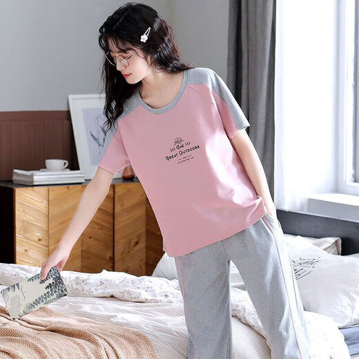 浪莎（LangSha）睡衣女夏季短袖七分裤加大宽松春夏天可外穿卡通可爱家居服套装 短袖七分裤5503_-684深紫 XL _建议115-125斤穿