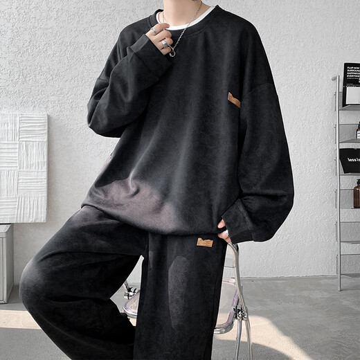 Phelos High-End schwere Krawatten-Dye-Sweatshirt-Anzug für Boys Casual Sports Joggshose Herumn Trendy Marke Großgröße Lose zweiteiler Set TZ761 Black 5XL (210-230jin [Jin Equals Equals Equals]))