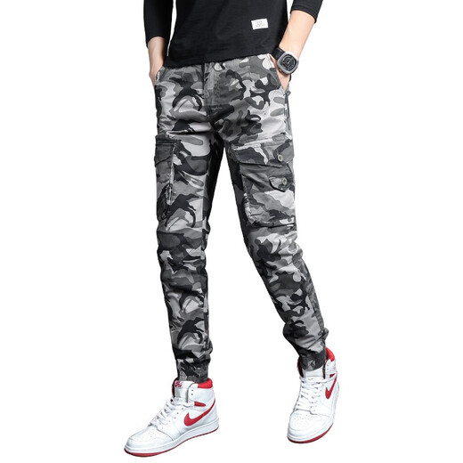 Gekochte Cui (Shucui) Frühlings- und Sommer-Herren-Freizeithosen koreanische Art Trendy Marke Slim-Fit-Hosen Persönlichkeit Vielseitige Mode elastische Taille Multi-Tocket-Arbeitshose Herren trendige Tarnhosen WJL-691C Grau Camouflage Größe 28 (Waist Cirps 1 Foot 1)