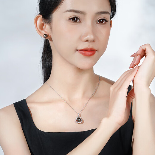 Tahitian black pearl pendant S925 silver high-gloss seawater pearl necklace neck gift for girlfriend and mother B grade/black pearl 9-10mm+925 silver chain