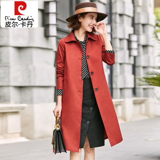 Pierre Cardin (Pierre Cardin) Women's Spring and Autumn New Women's Clothing Simple Korean Style Slim Slim Mid-Length Windbreaker Hong Kong Style Outer Brick Red XL 120-130Jin Jin is equal to 0.5 kg