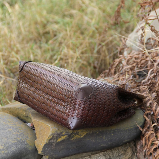 Baumwoll gewebter Strohbeutel, Muschel, Blume, Holzgriff, Rattan-Beutel handgewebte Tasche, Frauenbeutel, Strandurlaub, Strandtasche, Retro-Handtasche, dunkle Kaffeefarbe
