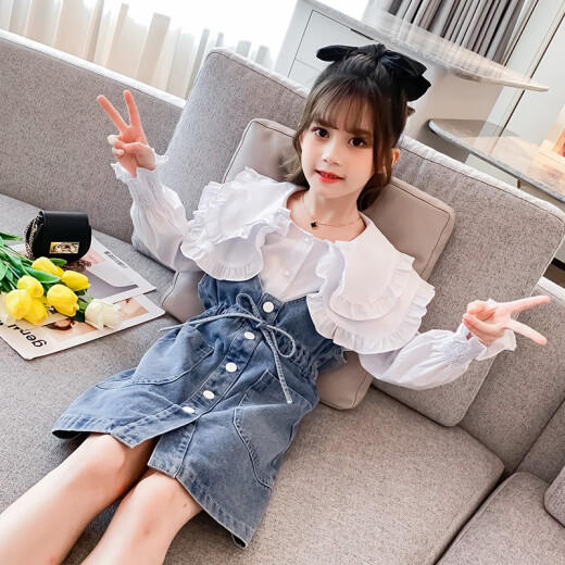 Marco Bear children's clothing girls' suit skirt spring denim skirt two-piece set children's spring style princess QY05011 white suit 140 (recommended height 135cm)