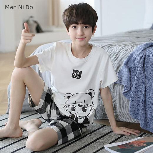 Mannido Boys Pajamas Лето новая короткая рукава мальчики с чистым хлопком детей Большой детской хлопковой молодежной домашней одежды N6621 [Double Short] 180 увеличенного кода версии XL [130-150JIN [Jin равно 0,5 кг]]