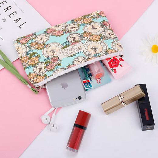 Yufan Geldbörse weiblich Mini-Kartenhalter Koreanische Version Student Münztasche lange Segeltuchtasche kleine Tasche Hand Baumwolltasche Handytasche Eine rosa Uhr