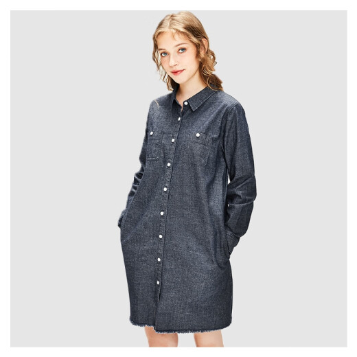Giordano dress Giordano women's dress cotton denim patch pocket open chest shirt dress 0546009871 dark blue large size