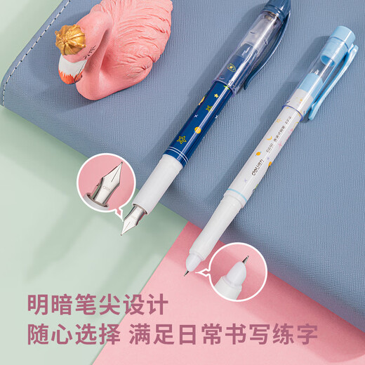 得力（deli）学生钢笔EF尖可换墨囊 正姿练字钢笔办公签字笔 1明尖+1暗尖+4墨囊黑色 S691 EF尖(约0.38mm)