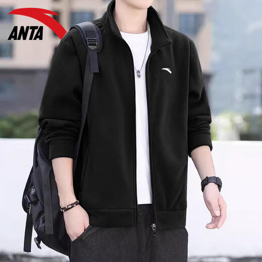 ANTA Sports Jacket Men's Autumn and Winter Cardigan Stand Collar Jacket Sweatshirt Long Sleeve Zipper Top 7706-1 Basic Black Regular Style L (175)