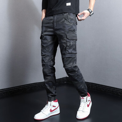 Gekochte Cui (Shucui) Frühlings- und Sommer-Herrenhose koreanische Style Trendy Marke Slim Casual Hosen für die trendige Persönlichkeit von Männern vielseitige Mehrfach-Tasten-Tarn-Tarn-Herren-modische Fußbindung Herrenhosen WJL-692e Größe 30 (Taillenumfang 2 Fuß 3)