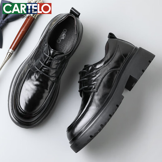 CARTELO British Men's Leather Shoes Thick Sole Increased Business Casual Shoes Low-top Round Toe Breathable Cowhide Shoes Men's 9960 Black 38