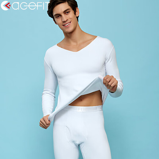 ACEFIT thickened modal cotton men's thermal underwear V-neck suit slim and seamless autumn clothes and long pants 318-white L
