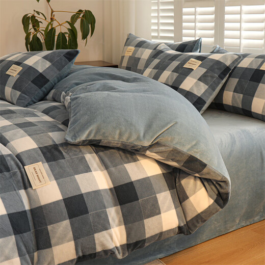 Heilan House (HLA) Juego de cuatro piezas de terciopelo de leche más terciopelo engrosado a cuadros de otoño e invierno juego doble sábana funda de edredón funda de almohada individual doble azul y blanco a cuadros 1,5 sábana ajustable juego de cuatro piezas, funda de edredón 200