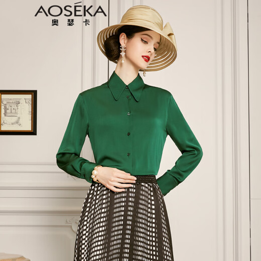 AOSEKA light luxury brand mulberry silk shirt for women 2021 spring new retro top fashion versatile long-sleeved shirt dark green M