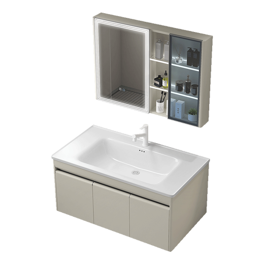 Haisongda thickened stainless steel bathroom cabinet combination ceramic integrated widened basin small household wash basin bathroom wash basin cabinet milk color 12053cm main cabinet + beauty smart mirror cabinet free upgrade pull tap