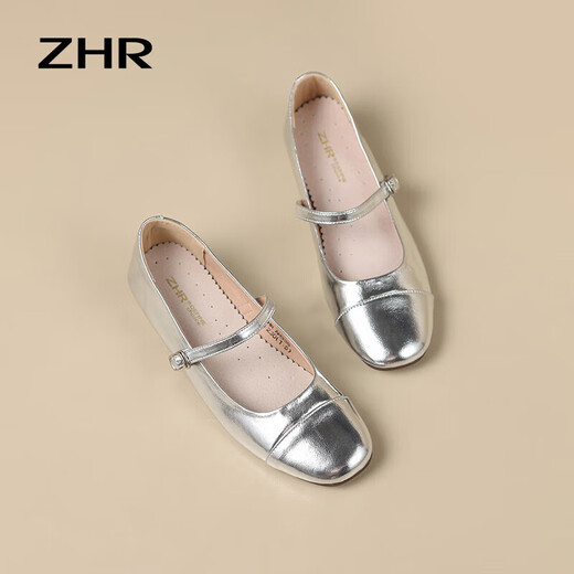 ZHR单鞋女秋季浅口玛丽珍鞋子镜面一字式搭扣女鞋 AH335 银色 38 