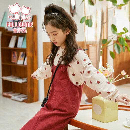
Fuluo Mi Girls Set Children's Polka Dot Two-Piece Set Suit Sweatshirt Strap Skirt Two-Piece Set Apricot/Red 140