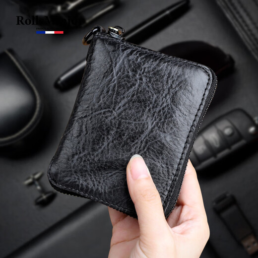 RollsMinjor genuine leather wallet men's short vertical handmade vegetable tanned head layer cowhide retro zipper wallet middle-aged and youth gift box Coffee color 9*2.5*12CM