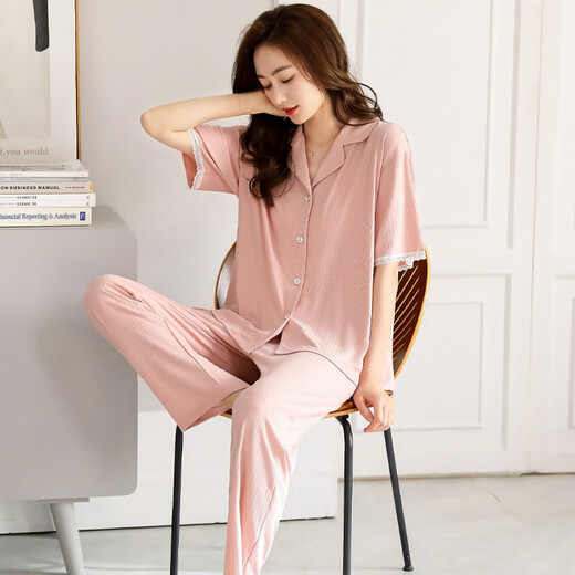 Langsha Pajamas (Langsha) Pantalage de coton modal de printemps pour femmes Vêtements de maison à manches courtes pour la mère de la mère Mère Mother Cardigan Loose Uster uster 723 Rose clair M [155-162 cm / 80-105jin [Jin est égal à 0,5 kg]]]]