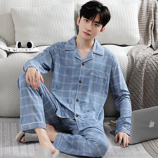 Pajamas de hombres modales para mangas de algodón puro de primavera y otoño de algodón largo de gran tamaño, otoño delgado e invierno, se pueden usar ropa de ropa para el hogar.