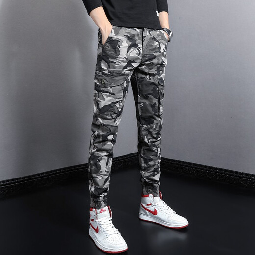 Gekochte Cui (Shucui) Frühlings- und Sommer-Herren-Freizeithosen koreanische Art Trendy Marke Slim-Fit-Hosen Persönlichkeit Vielseitige Mode elastische Taille Multi-Tocket-Arbeitshose Herren trendige Tarnhosen WJL-691C Grau Camouflage Größe 28 (Waist Cirps 1 Foot 1)