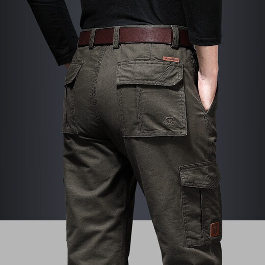 Walking Dragon Men's Overalls Multi-Pocket Loose Straight Outdoor Washed Casual Pants 9922 Military Green 32-Waist 2 feet 5-(Suitable for 130-140 Jin Jin equals 0.5 kg)