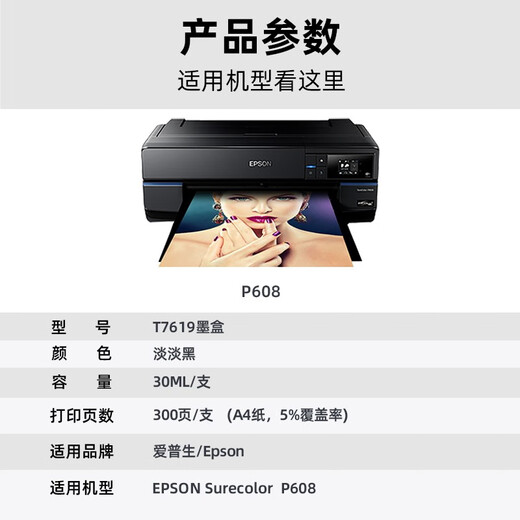 V4INK 761墨盒适用爱普生P608打印机墨盒 761墨盒T7619墨盒(淡淡黑)