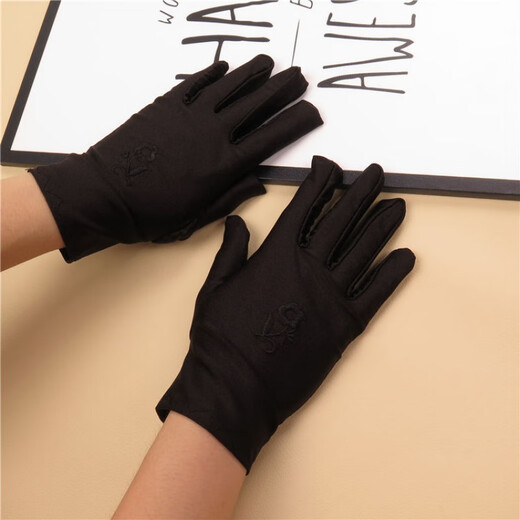 Ainuodeng summer thin gloves for women short embroidered driving gloves spandex solid color elastic etiquette gloves autumn women's gloves spandex embroidery: 1 light gray + 1 beige [2 double packs]