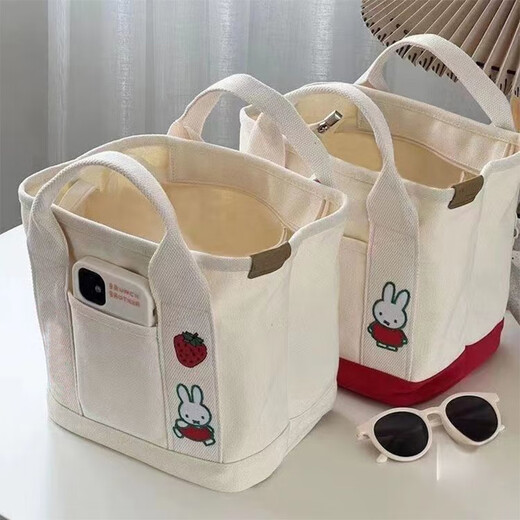 Xingxi's new cartoon cute thickened canvas handbag portable shoulder bag for mom to carry when going out, handbag small bag red and white strawberry bunny 22*17.5*21cm