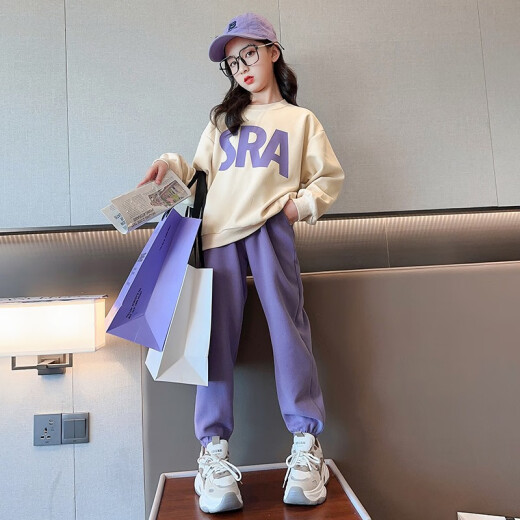 Beihaiqu Children's Clothing Girls' Spring and Autumn Clothing Suit Children's Autumn Sports Big Children's Clothing Girls' Sweaters Fashionable Internet Celebrity Two-piece Set Trendy Purple 130 Sizes (Recommended Height 115-125 cm)