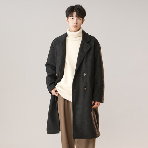 Dingfengbaoluo Korean style woolen coat for men winter mid-length thickened coat high-end double-breasted HK09 matte black L