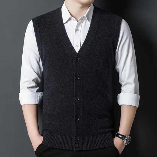Hengyuanxiang Autumn and Winter Men's 100% Pure Wool Vest Winter V-neck Wool Sweater Sleeveless Knitted Sweater Cardigan DNDS-55607 Minghua Gray XL (175)