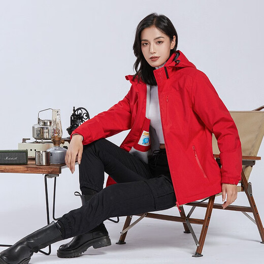 西域骆驼（VANCAMEL）加绒风衣外套男女韩版防风保暖单层软壳冲锋衣工装风夹克文艺上衣 9930S中国红-女【纯色】 L